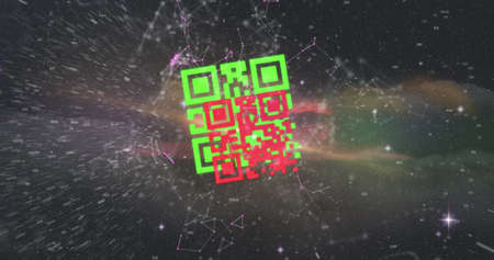 Image of a colourful QR code with a web of connection over a space cloud and a galaxy. Digital composite imageの写真素材