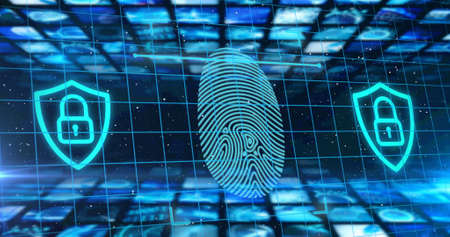 Security padlock and biometric fingerprint scanner over grid network against blue background. cyber...