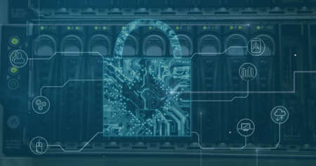 Security padlock icons and microprocessor connections against close up of computer server. cyber...