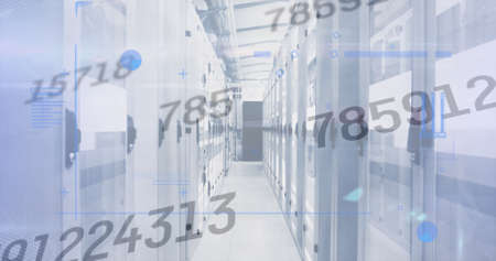 Digital composite image of multiple changing numbers against empty server room. cyber security...