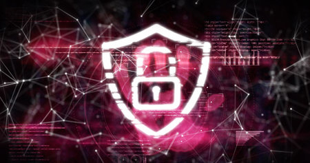 Digital image of security padlock icon against network of connections on pink background. cyber...