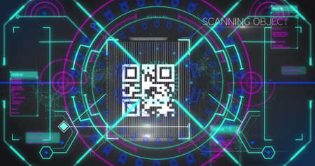Image of scope scanning and qr code security check on black background. Digital interface global...