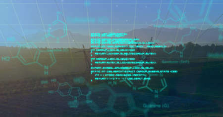 Digital image of chemical structures and program codes appearing in the screen. Background shows...