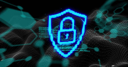 Neon security padlock icon over chemical structures and data processing against digital waves. cyber...