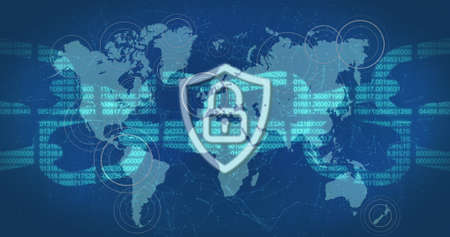 Cyber security padlock and chain against pulsating circles over world map on blue background. cyber...