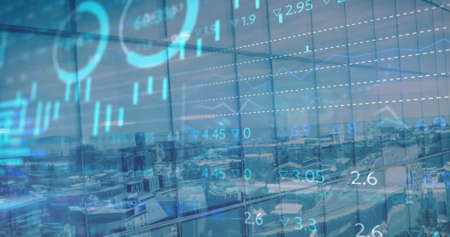 Image of statistics and financial data processing over cityscape in background. finance, business...