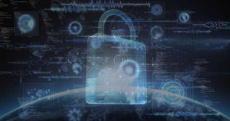 Image of online security padlock over scopes scanning and data processing. global internet security,...