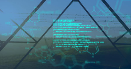 Digital image of chemical structures and program codes appearing in the screen. Background shows...