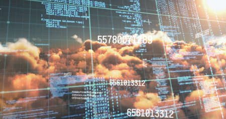 Image of numbers and computer code processing over sunset sky. global internet security, data processing, connections and digital interface concept digitally generated image.の写真素材
