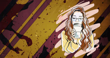 Image of woman drinking coffee over colourful stains. creative month and celebration concept digitally generated image.の写真素材