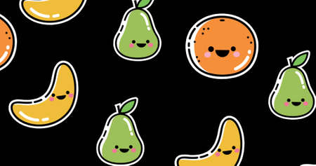 Image of falling smiling fruits over black background. color, food, background concept, digitally...