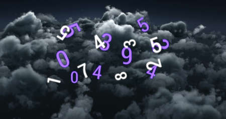 Image of numbers changing over stormy clouds in background. mathematics, education and thinking concept digitally generated image.の写真素材