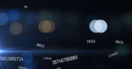 Image of colourful spots over numbers. digital interface and data processing concept digitally...
