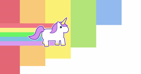 Image of walking unicorn icon on rainbow background. pride month celebration concept digitally...