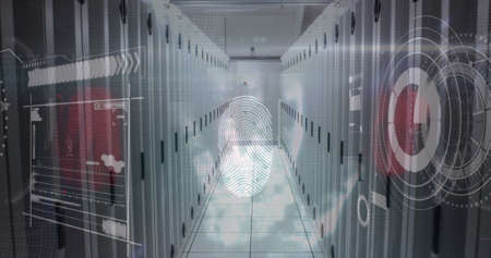 Image of data processing over fingerprint and computer servers. global internet security, cyber...