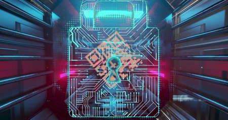 Image of digital interface with QR code, files, online security padlock and data processing over...