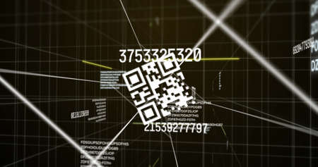 Digital image of qr code scanner and changing numbers over grid network against brown background. computer interface and networking technology concept.の写真素材