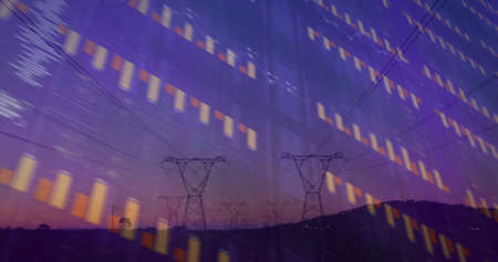 Image of financial data processing over electricity pylons and landscape. global finance, business and digital interface concept digitally generated image.の写真素材