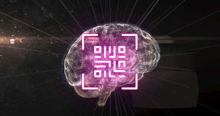 Image of glowing human brain with qr code digital interface. global technology information connection networking concept digitally generated image.の写真素材