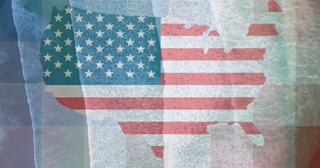 Image of flag of america usa map over aerial view of beach and ocean waves. patriotism, independence and celebration concept digitally generated image.の写真素材