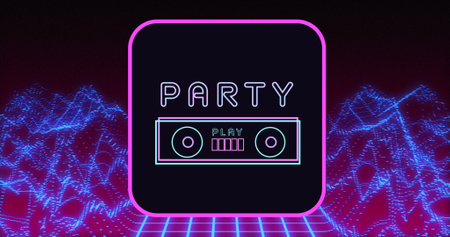 Image of party text over digital mountains. social media and communication interface concept...