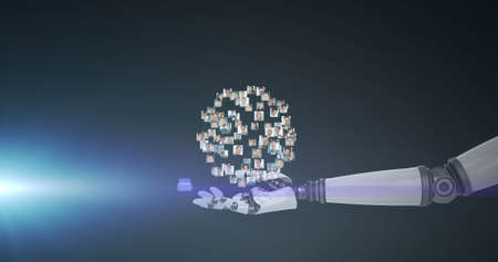Image of growing network of people over hand of robot arm, with moving light on dark background. electrical engineering technology, communication and research concept digitally generated image.の写真素材