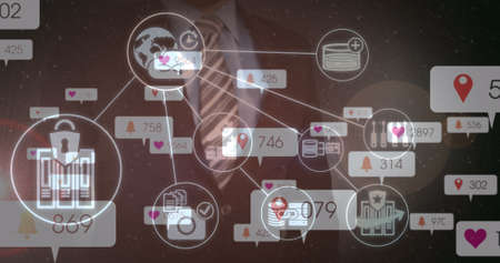 Image of social media icons and numbers over businessman touching interactive screen. global social...