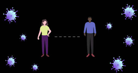 Image of falling covid 19 cells face mask over people wearing face masks. global covid 19 pandemic...