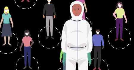 Image of falling covid 19 cells face mask over people wearing face masks. global covid 19 pandemic concept digitally generated image.の写真素材