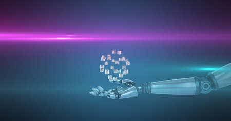 Image of growing network of people over hand of robot arm, with pink light on dark background....