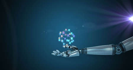 Image of network of media icons over hand of robot arm, with pink light on dark background. electrical engineering technology, communication and research concept digitally generated image.の写真素材