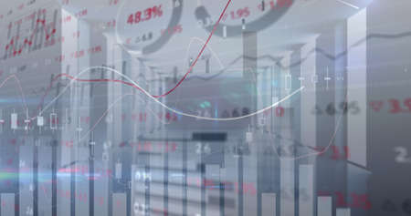 Image of financial data processing and stock market over server room. global business, finances and...