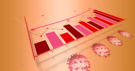 Image of financial data processing and virus cells over orange background. global business, finances...