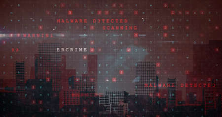 Image of cyber attack warning over cityscape on red background. global technology and data...