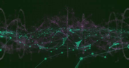 Image of network of connections, shapes and waves moving on black background. network, connections...
