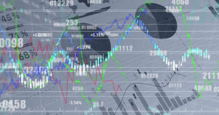 Image of financial data processing, statistics and numbers. global business, finances, digital interface and data processing concept digitally generated image.の写真素材