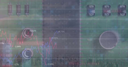Image of financial data processing over server room. global technology and data processing concept digitally generated image.の写真素材
