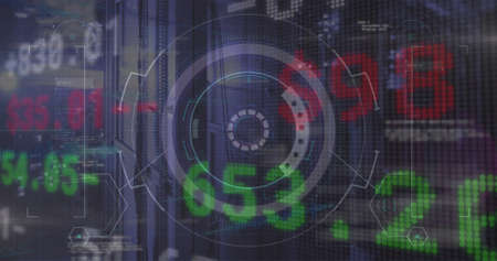 Image of data processing over scope scanning. global business, finances, connections and digital interface concept digitally generated image.の写真素材