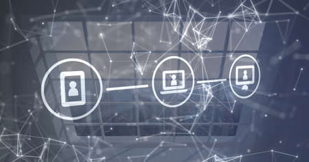 Image of icons with network of connections over window. global networks, digital interface and data...