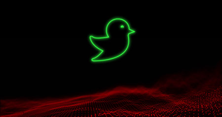 Image of bird glowing green icon over digital wave moving on black background. global networks, social media, communication and digital interface concept digitally generated image.の写真素材