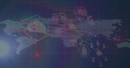 Image of icons and connections over world map. global connections, technology and digital interface...