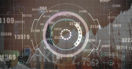 Image of financial data, graphs and processing circle over cityscape. global finance, economy,...