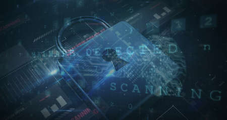Image of data processing, online security padlock and circuit board. global online security, computing, data processing and technology concept digitally generated videの写真素材