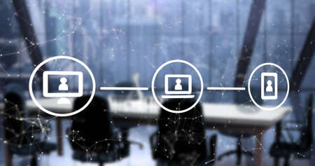 Image of icons with network of connections and data processing over empty office. global networks, digital interface and data processing concept digitally generated image.の写真素材