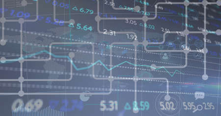 Image of data processing over shapes. global business, finances, connections and digital interface...