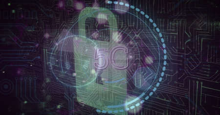 Image of 5g text data processing, online security padlock and circuit board. global online security,...