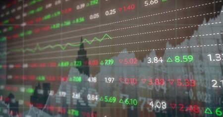 Image of financial data and graphs over cityscape. global finance, economy, business and technology...