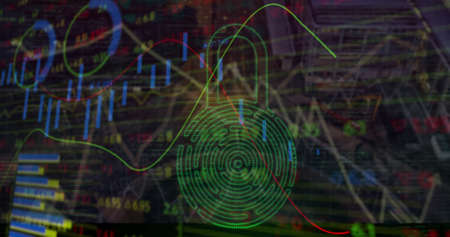 Image of financial data, graphs and padlock with fingerprint over cityscape. global finance,...