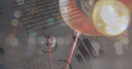 Image of graphs and financial data over warehouse light. finance, economy, business and parcel...