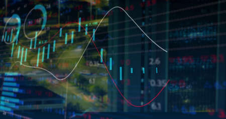 Image of financial data and graphs over cityscape. global finance, economy, business and technology...